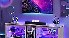 Bestier TV Stand for 70 inch TV, Gaming Entertainment Center for PS5, LED TV Cabinet with Glass Shelves for Living Room, 63'' Inch, White Wash