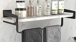 Marble Bathroom Shelf with Towel Bar, 16" Metal Black Modern Floating Shelf Wall Mount for Bathroom Wall Shelf