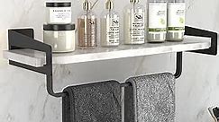 XZHXFX Marble Bathroom Shelf with Towel Bar, 16" Metal Black Modern Floating Shelf Wall Mount for Bathroom Wall Shelf