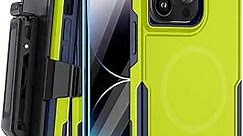 MUITQ 5-in-1 Magnetic Designed for iPhone 14 Pro Case,Heavy Duty Case Belt Clip Holster,with Tempered Glass Screen Protecto(2 Pcs),Phone Case for iPhone 14 Pro (Magnetic,Green)