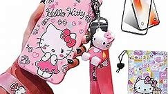 Compatible with iPhone 8 Plus/iPhone 7 Plus Case with Screen Protector, Cartoon Cute Funny Kawaii Cat Kitty Animal Character Phone Case Silicone Lanyard 3D Cover Case for Kids Girls and Womens