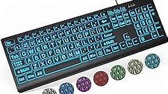SABLUTE Large Print Backlit Keyboard, Wired USB Lighted Computer Keyboards with 7-Color & 4 Modes Backlit, Oversize Letters Keys Easy to See and Type, Quiet Keyboard Compatible for PC, Laptop
