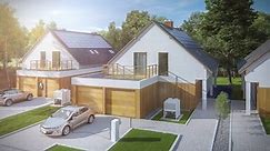 electric car parked in front of home modern low energy suburban house charging with solar power 3d rendering
