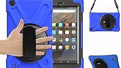 BRAECN Case for Amazon Fire 7 Case (9th Generation,2019), Rugged Shockproof Case with Rotating Hand Strap/Kickstand and Carrying Shoulder Strap for Fire 7 2019/2017 Model 9th/7th Generation -Blue