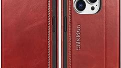 SHIELDON Case for iPhone 15 Pro 5G, Genuine Leather iPhone 15 Pro Wallet Case RFID Blocking Card Holder Folio Magnetic Stand TPU Protective Cover Compatible with iPhone 15 Pro 6.1" 2023 - Retro Red