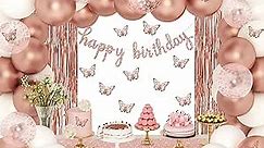 Rose Gold Birthday Party Decorations, Happy Birthday Banner, Rose Gold Fringe Curtain, Rose Gold Sequin Table Runner, 3D Butterfly Wall Decal, Rose Gold Balloons for Women Girls Birthday Party