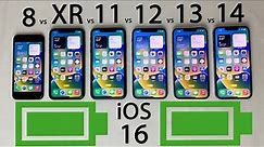 iPhone 14 vs 13 vs 12 vs 11 vs XR vs 8 BATTERY Test on iOS 16