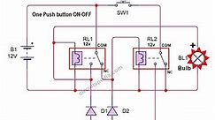 Relay one push button on-off switch simulation | One pushbutton on off relay switch circuit.