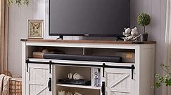 OKD Farmhouse Wood 60 " Wide TV Stand with Open Shelves for TVs up to 65", Antique White