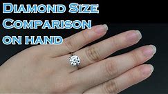Diamond Size comparison on hand; 0.3ct, 0.4ct, 0.5ct, 0.6ct, 0.7ct, 0.8ct, 0.9ct, 1ct, 1.5ct, 2ct