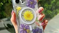 ASONCE Cute Real Flowers for iPhone 13 Pro Max Magnetic Case for Women [Compatible with MagSafe] Clear Glitter 10FT Drop Protection Phone Case for iPhone 13 Pro Max 6.7 inch-Purple Floral