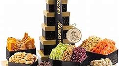 Nut Cravings Gourmet Collection - Mothers Day Dried Fruit & Mixed Nuts Gift Basket Black Tower + Ribbon (12 Assortments) Arrangement Platter, Birthday Care Package - Healthy Kosher