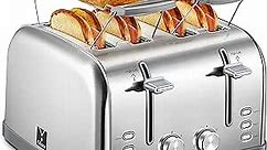 Toaster 4 Slice, Extra Wide Slots, Stainless Steel with High Lift Lever, Bagel and Muffin Function, Removal Crumb Tray, 7-Shade Settings with Warming Rack, Silver, Yabano