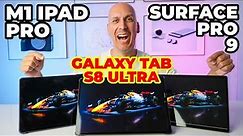 Three Of The Best Tablets Compared: Surface Pro 9 Vs Galaxy Tab S8 Ultra Vs Ipad Pro.