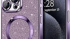 Hython for iPhone 15 Pro Case Glitter, Clear Magnetic Phone Cases with Camera Lens Protector [Compatible with MagSafe] Bling Sparkle Plating Soft TPU Shockproof Protective Cover Women Girls-Purple