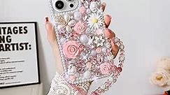for iPhone Xs/X Bling Case,Luxury Crystal Rhinestone Flowers Glitter Diamond Pearl Women Girls Kids Case Cover with Lanyard for iPhone Xs/X 5.8 inch