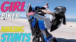 Beautiful GIRL Biker BIKE STUNTS Wheelie + Drift Harley Sportster Kawasaki Ninja STUNT RIDING Videos