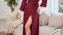 Solid Color,Women Night Robe with Lace Trim VNeck Long Pajamas Sleepwear Bathrobe Home Wear Casual Spring Summer - Walmart.ca
