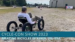 Unique bicycles at the Cycle-Con show 2023 - recumbent bikes, trikes, quad and velomobiles