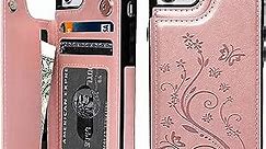 SUPWALL Compatible with iPhone 7 Card Holder Case, iPhone 8 Wallet Case Embossed Butterfly Slim Folio Leather Cover Shockproof Shell with Credit Card Slot Protective Skin for iPhone 7 & 8,Rose Gold