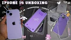 iPhone 14 Purple Unboxing 🎀 || aesthetic unboxing + setup, accessories & camera test☁️