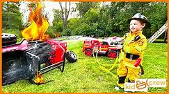 Firefighter crash rescue with kids power wheel fire truck. Educational vehicle entry - Kid Crew
