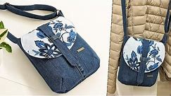 DIY Small Floral and Denim No Zipper Crossbody Bag With a Round Flap Out of Old Jeans |Bag Tutorial