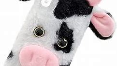 Black Fluffy Fur Plush Case for iPhone XR Cute Milk Cow Furry Girly Cover 3D Animal Fuzzy Protective Case Faux Rabbit Cony Hair Kawaii Kid Toy Fun Women Phone Shell for Apple iPhone XR
