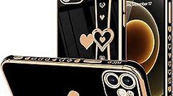 for iPhone 12 Case Cute Love-Heart Plating Strap Phone Cover for Women Girls Bling Soft Silicone Camera Lens Protection Bumper Shockproof Phone Case for iPhone 12 (6.1'') - Black