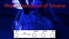 The photochlorination of toluene producing benzyl chloride, benzal choride and benzotrichloride