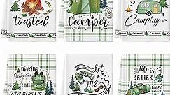 6 Pcs Camping Kitchen Towels Funny Dish Towel Happy Camper Hand Towels Decorative Tea Towels for Kitchen Absorbent Camping Decor with Hanging Loop for Camper Gifts Camping RV Accessories