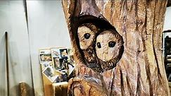 Chainsaw carving a Barn Owl Family oak sculpture full start to finish timelapse