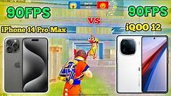 iPhone 14 Pro Max vs iQOO 12 Bgmi Test | 90FPS vs 90FPS | 1v1 Challenge Bgmi | 1v1 TDM Match