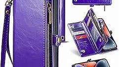 ASAPDOS iPhone 14 Plus Case Wallet,Retro Suede PU Leather Strap and Crossbody Wristlet Flip Case with Magnetic Closure,[RFID Blocking] Card Holder and Kickstand for Men Women(Luxury-Purple)