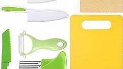 Leking 8 Pcs Wooden Kitchen Knife Set for Kids - Includes Safe Knives, Serrated Plastic Knives, Potato Slicers, Sandwich Cutter, Peeler and Cutting Board