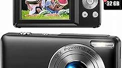 Digital Camera, FHD 1080P Digital Camera for Kids Video Camera with 32GB SD Card 16X Digital Zoom, Point and Shoot Camera Portable Mini Camera for Teens Students Boys Girls, 2 Batteries(Black)