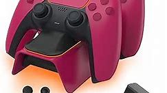 NexiGo PS5 Controller Charger with Thumb Grip Kit, Fast Charging AC Adapter, DualSense Charging Station Dock for Dual Playstation 5 Controllers with LED Indicator, Cosmic Red