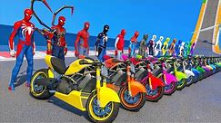 el hombre araña en moto | spiderman all suit moto bike mega jump challenge | GTA 5 MODS
