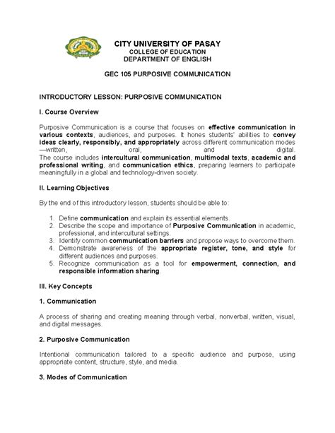GEC 105 Purposive Communication: Introductory Lesson Overview - Studocu