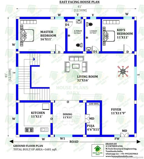 Ground Floor East Face House Plan | 1 BHK House Plan East Facing ...