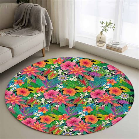 Area Rug 48in, Watercolor Red Orange Flower Leaves Floor Carpet Living ...