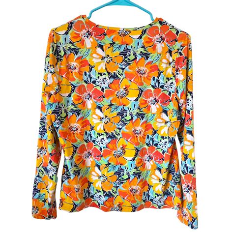 Lands End Womens Floral Rash Guard Swim Top Size Medium Orange Beach Vacation