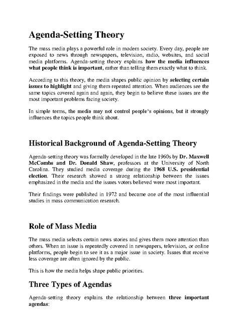 Agenda Setting Theory: The Media's Role in Shaping Public Opinion - Studocu
