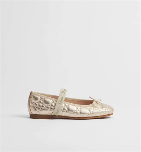 Kids' Ballet Flat Gold-Tone Cannage Lambskin | DIOR