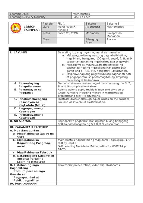 Lesson Exemplar: Mathematics 3 (2nd Quarter, Week 8) - Studocu