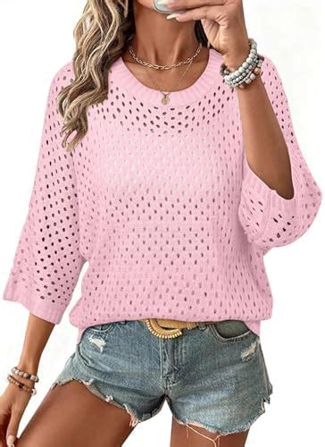 Buy SHEWIN Womens Sweaters Crew Neck 3/4 Length Sleeve Crochet Tops ...
