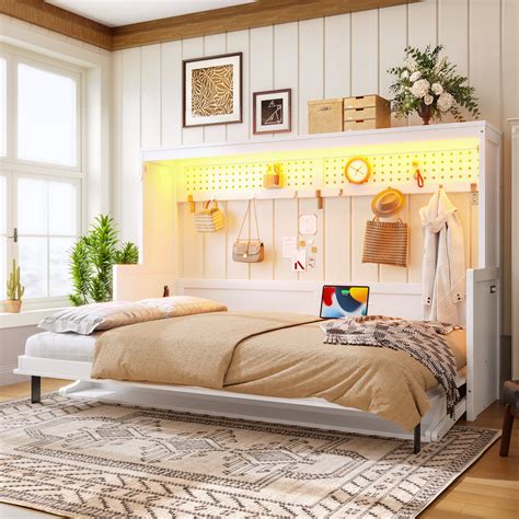 Ebern Designs Full Size Space-Saving Murphy Bed with Built-In Desk, USB ...