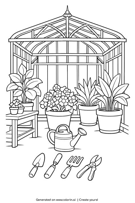 Vintage Greenhouse with Potted Plants Coloring Page | Printable