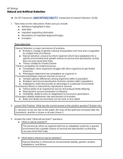 AP Biology Lesson Notes: Natural & Artificial Selection (7.1 - 7.3) - Studocu