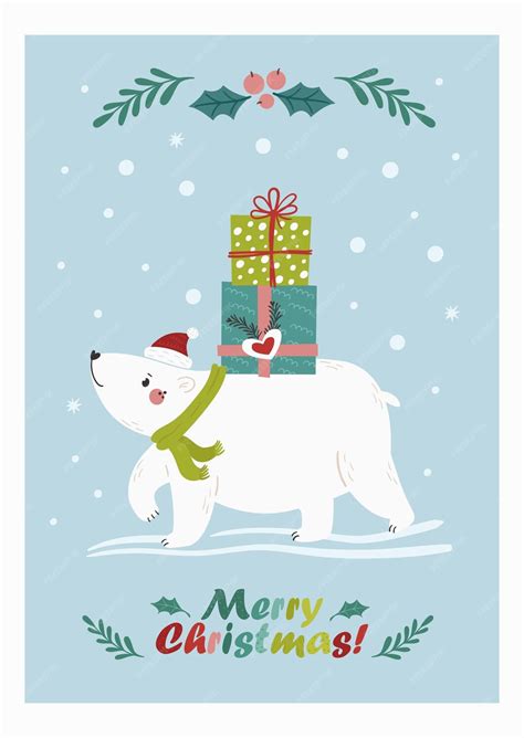Vector christmas card with a cute polar bear and gifts on his back ...